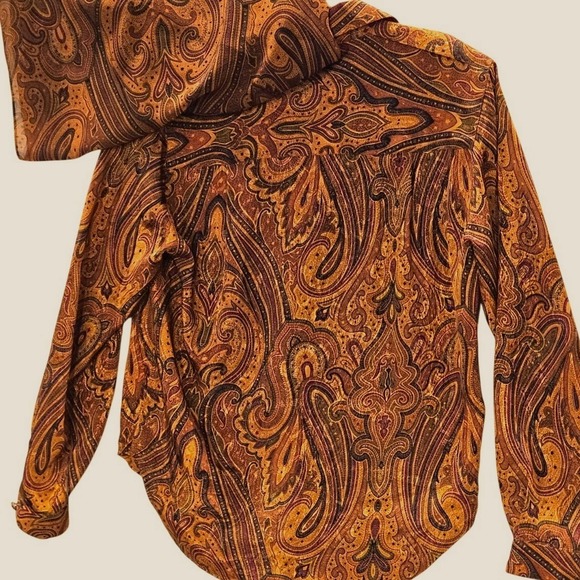 Vtg Edena Pour Le Roy Sz6 Brown Silk Gold Paisley Print Blouse Shirt & Scarf 424 - Picture 3 of 8